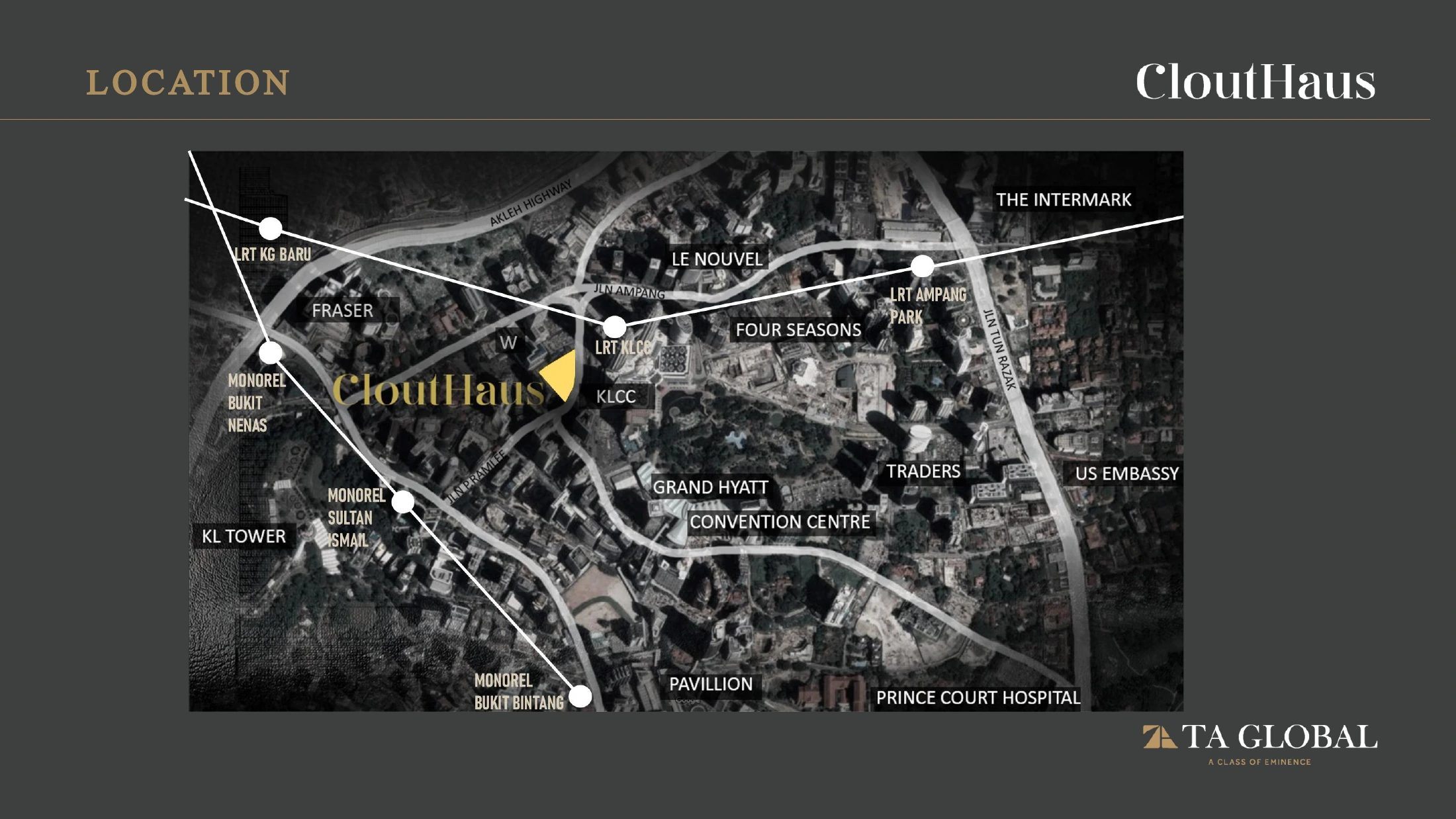 Map showing CloutHaus opposite KLCC